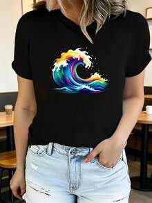 Camiseta de verano para mujer de manga corta con estampado, moderna y casual, lavable a máquina, ajuste cómodo con estampado plano 2D. - Negro_02 - Ver 12