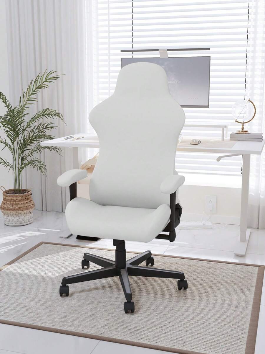 1pc Waterproof Stretch Solid Color Gaming/Office Boss Chair Cover - White - View 1