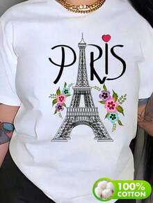 Ropa de mujer de talla grande,Camiseta de manga corta suelta de algodón estampado para mujeres |     París Torre Eiffel y flores estampadas - Blanco - Ver 1