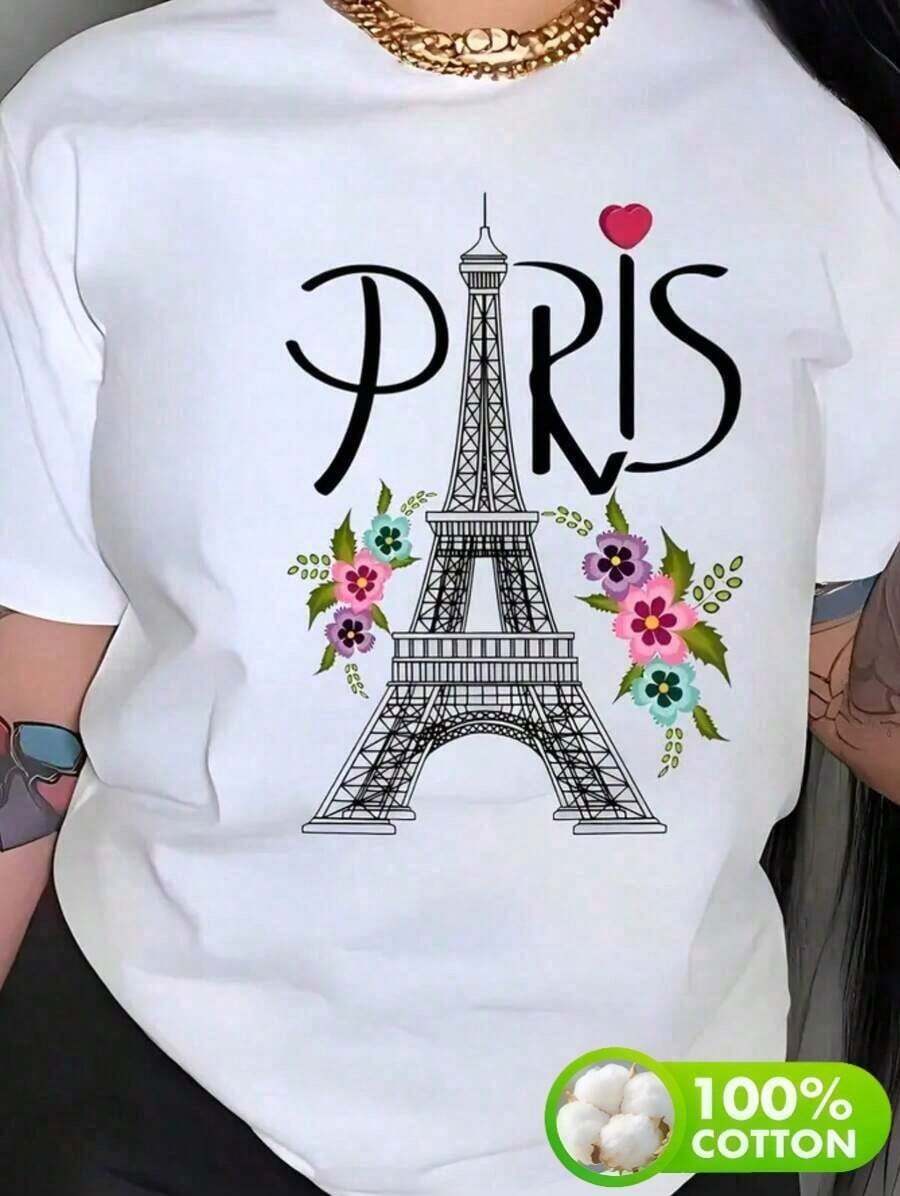 Ropa de mujer de talla grande,Camiseta de manga corta suelta de algodón estampado para mujeres | París Torre Eiffel y flores estampadas - Blanco - Ver 1