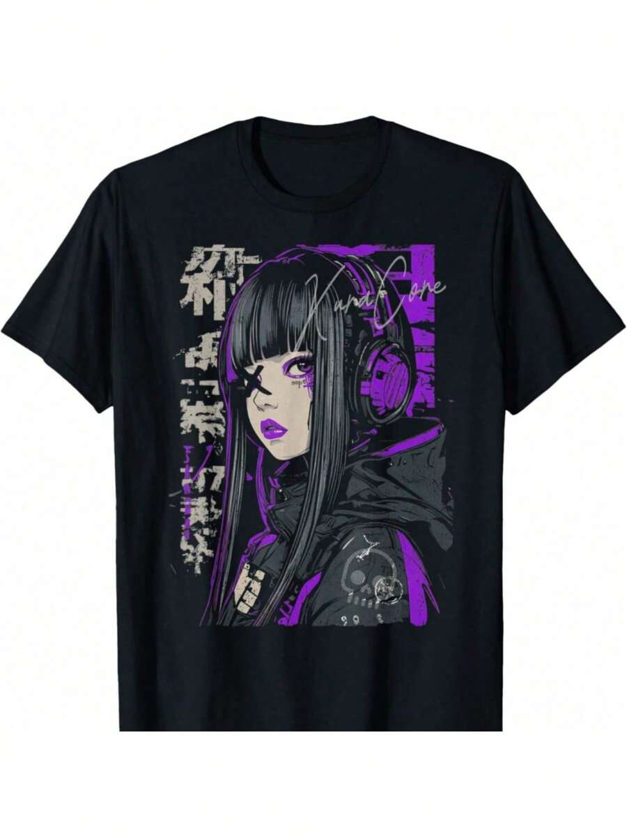 Unisex Short-Sleeved T-Shirt For Men. EWH Japanese Cyberpunk Y2K Anime Graphic T-Shirts. Made Of 100% Cotton, 180g. Featuring A Crew Neck And Short Sleeves. Available In Various Sizes. These Soft And Breathable T-Shirts Are Comfortable For Everyday Wear. (Keywords: Men's, Women's, , Romwe, Men's, Boho Chic, Teachers' Gifts, T-Shirt For Curvy Women's Sets, Y2k) - 黑色 - 查看 1