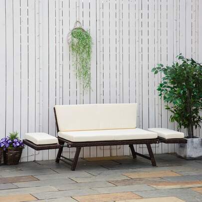 Sofá de jardim dobrável de 2 lugares em polirratã, sofá de descanso com braços, estrutura em aço, cor marrom, 129 x 63 x 67 cm, ideal para varanda e terraço.
