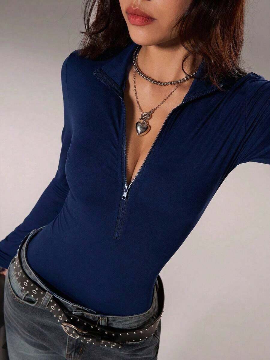 de manga larga de unicolor casual para mujer - Azul marino - Ver 1