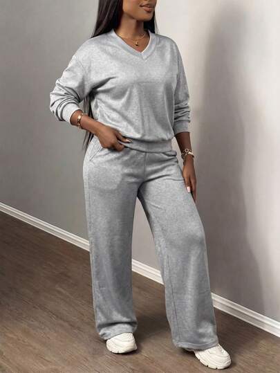 2pcs Women's Casual Set, V-Neck Long Sleeve Top And Pocketed Pants, Fashionable And Versatile