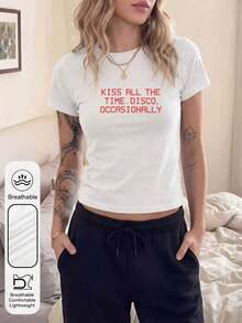 Women's  Graphic Print Short-Sleeve T-Shirt, Y2K Style, Featuring A "Kiss All The Time Disco Occasionally" Print, Crew Neck, Short Sleeves, Casual Summer Style,  Album Tour Concert T-Shirt. Simple Everyday T-Shirt - 白色 - 查看 7