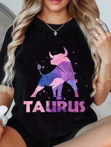 Casual Wear Unisex T-Shirt With Taurus Zodiac Graphic Print, Bull And Galaxy, Round Neck, For Men And Women, Everyday Casual Wear, Seasonal Fashion, Gift For Family And Friends, Bohemian T-Shirt, Blouses For Women>Shirt - 黑色 - 查看 7