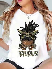 Unisex Casual T-Shirt With A Taurus Zodiac Sign Graphic Print And Camouflage Design. A Women's Crew Neck T-Shirt, Ideal For Casual Wear At Home Or Outdoors. A Perfect Gift For Family And Friends. - Women's T-Shirt > Blouses - 白色 - 查看 7