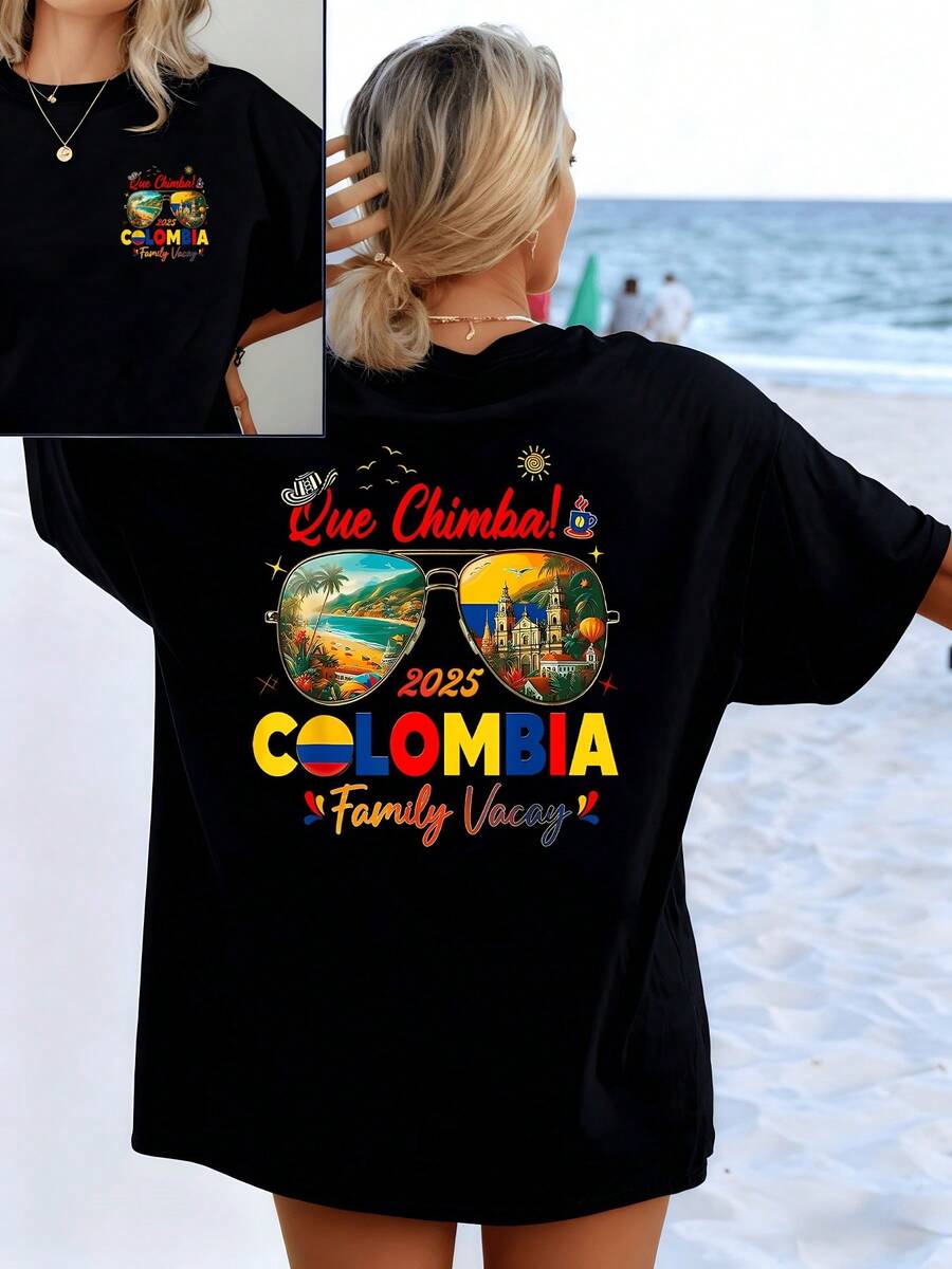 It Reflects A Beach Landscape With Sunny Palm Trees, Colorful Sunglasses That Showcase The Vibrant Essence Of Colombia With Tropical Architecture And A Festive Spirit For Family Vacations, A Modern Casual Summer Women's T-Shirt - 黑色 - 查看 1