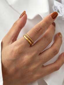 1pc Stainless Steel Gold-Plated Minimalist Oil-Pressed Ring, Niche Simple Cold Style DIY Jewelry, Suitable For Women's Daily Wear - Gold - View 1