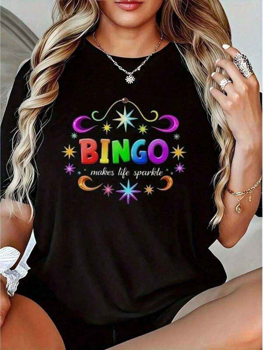 Women's Top - Wo'S Bingo Glitter Geometric Pattern T-Shirt | Casual Short-Sleeved Crew Neck T-Shirt With Glitter Star And Letter Prints, Made Of High-Stretch Fabric, Suitable For Spring/Summer, Women's T-Shirt. 2026 - 黑色 - 查看 1