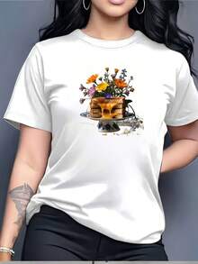 Camiseta cómoda con diseño floral de panal - perfecta para reuniones familiares, eventos corporativos y regalos navideños. - Blanco - Ver 7