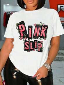 White T-Shirt With Pink Brief Graphic Print - Women's Urban Casual Wear, Perfect For Everyday Wear And Fashionable Outings. Blouse, Shirt > Beautiful. - 白色 - 查看 6