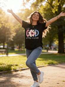 1 pieza de camiseta de cuello redondo para mujer con estampado floral "Con Dios todas las cosas son posibles", manga corta, inspirada en la fe cristiana, ropa casual para salidas diarias y eventos religiosos, 180g, 100% algodón. - Negro - Ver 4