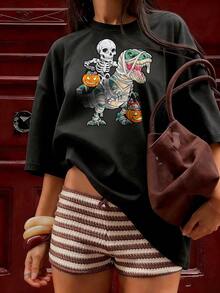 Halloween T-Shirt With Skeleton And Dinosaur Mummy, Fashionable Short-Sleeved T-Shirt For Spring And Summer 2026, Made In Mexico, 180 Grams. Cartoon Print, Couple Design, Suitable For Indoor Or Outdoor Wear. Crew Neck, Unisex, Ideal For Office And Leisure. One-Piece Pack. - BK-P631577SLNDXZGY564 - 查看 3