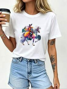 Women's T-Shirt With Cowgirl Riding A Horse Design - Soft 180g T-Shirt, Perfect Casual Top For Family Outings, Corporate Events And Christmas Gifts YWXG - 白色 - 查看 6