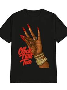 Women's "Clock That Tea" Graphic Print T-Shirt, Fashionable, Short-Sleeved, Casual, Made Of Soft And Breathable Fabric. A Short-Sleeved Crew Neck T-Shirt With A Fun Print, Perfect For Summer Sports. A Suitable Short-Sleeved T-Shirt For Home, Everyday Wear, Parties, And Travel; Ideal As A Gift For Friends Or Family. - 黑色 - 查看 1