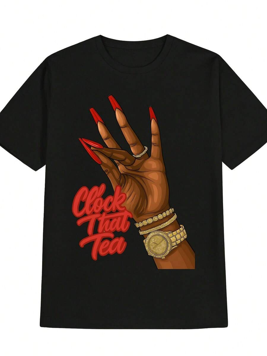Women's "Clock That Tea" Graphic Print T-Shirt, Fashionable, Short-Sleeved, Casual, Made Of Soft And Breathable Fabric. A Short-Sleeved Crew Neck T-Shirt With A Fun Print, Perfect For Summer Sports. A Suitable Short-Sleeved T-Shirt For Home, Everyday Wear, Parties, And Travel; Ideal As A Gift For Friends Or Family. - 黑色 - 查看 1