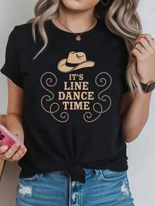 1 Piece, Classic And Versatile Pure Cotton Short-Sleeved T-Shirt, Suitable For Any Season, With Creative Cultural Denim Hood Design For Women, Modern Style - Black - View 1