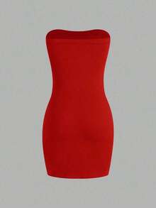 Vestido de tubo de color liso con abertura alta para ropa de Año Nuevo, minivestido corto para mujer - Rojo - Ver 2