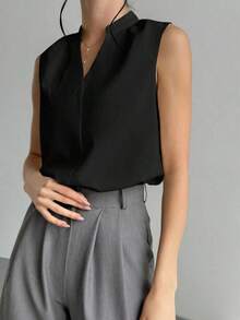 Blusa de cuello en V elegante y chic para oficina con diseño simple y detalles femeninos, blusas sin mangas - Negro - Ver 3