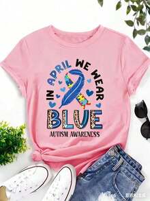 We Use Blue Printed T-Shirts To Promote Autism Awareness, Casual Short-Sleeved Crew Neck T-Shirts, Women's Clothing. - 粉色 - 查看 3