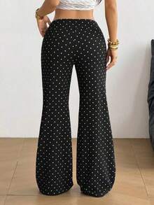 Pantalones de cintura alta sólidos con pierna recta y acampanada - Negro 2 - Ver 2