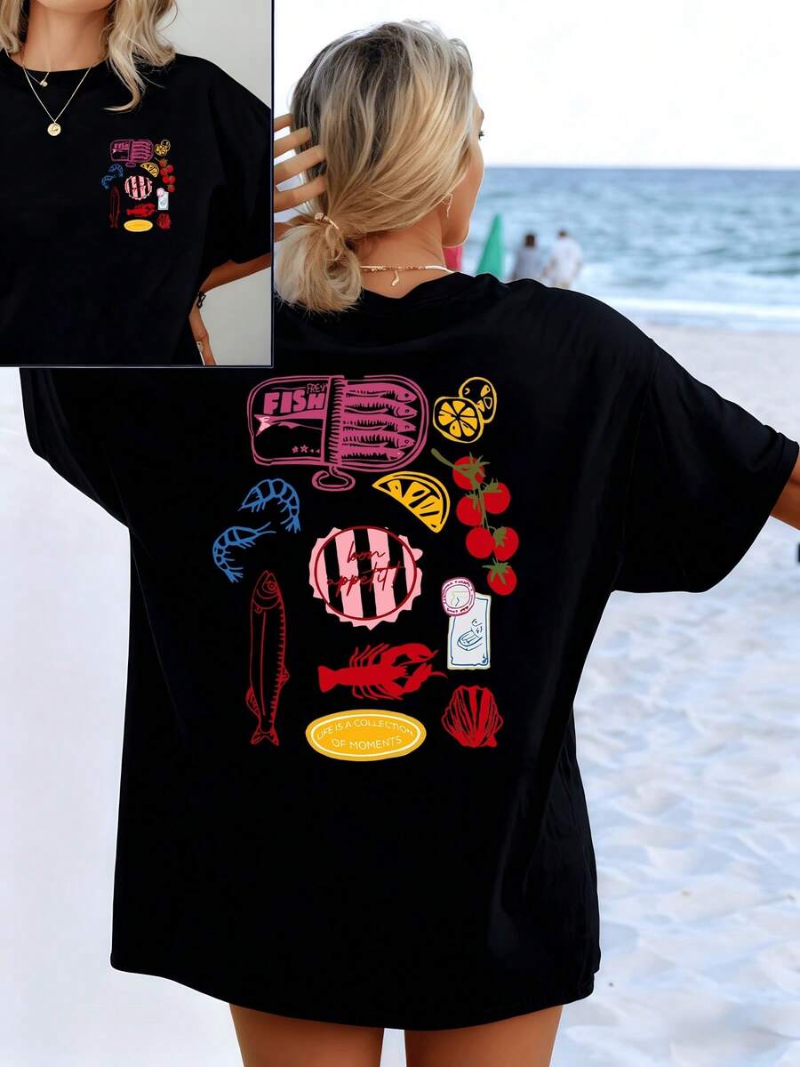 Marine Motifs With Fish, Lemons, Tomatoes And Cheerful Phrases That Evoke Summer And The Freshness Of The Ocean On A Double-Sided Women's T-Shirt Ideal For The Beach And Strolls - 黑色 - 查看 1