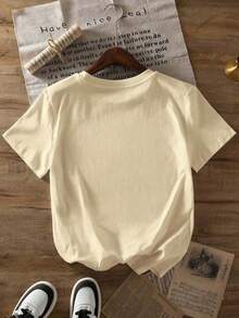 Camisetas de mujer estilo casual con cuello redondo y manga corta con estampado; Camiseta de mujer color albaricoque con estampado de confrontación apasionada. - Albaricoque - Ver 2