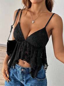 Camiseta de mujer con escote en V sexy y bajo asimétrico de encaje - Negro 2 - Ver 8