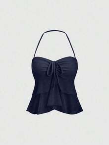 Top de tirantes de cuello halter de unicolor, uso diario simple, estilo Y2K para mujer - Azul marino - Ver 7