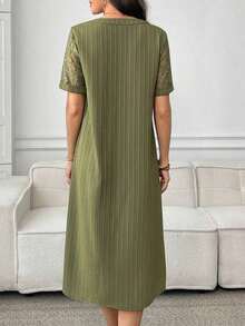 Vestido casual diario de encaje y parches para mujer, primavera y verano - verde aguacate - Ver 2