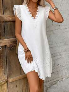 Frenchy Vestido De Línea A Para Mujer Con Bordado Y Diseño De Dobladillo De Encaje Y Volantes Hecho Con Tela Texturizada - Blanco - Ver 6