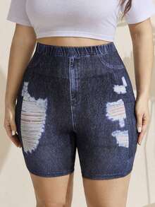 Pantalones cortos deportivos de cintura alta básicos y casuales para mujer de talla grande en color negro, con bolsillo, adecuados para entrenamiento de verano y ropa deportiva - Azul - Ver 4