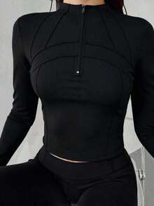 Chaqueta de manga larga de cuello alto elástico de unicolor entallada, ropa deportiva y casual, primavera/otoño - Negro 3 - Ver 4