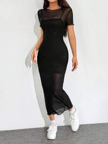 Vestido Mini De Malla Bodycon - Negro - Ver 1