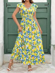 Vestido largo elegante de mujer con cintura fruncida y volantes, vestido de verano para vacaciones, vestido para citas - Multicolor 2 - Ver 4