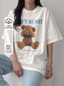 Women's Summer T-Shirt With A Round Neck And Dropped Shoulders, Loose Fit, Featuring A Cartoon Bear Print That Says "DON'T BE SHY, PLEASE MAKE ME FEEL LONELY." Cute Oversized T-Shirt, Teacher Outfit - Unisex Loose-Fitting Cotton Short-Sleeve T-Shirt With A Round Neck And Urban Vintage Style - 白色的 - 查看 6
