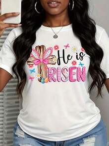 1 Piece Women's T-Shirt With Floral Rabbit And Easter Cross Design "He Has Risen" 180g 100% Cotton - 白色 - 查看 3