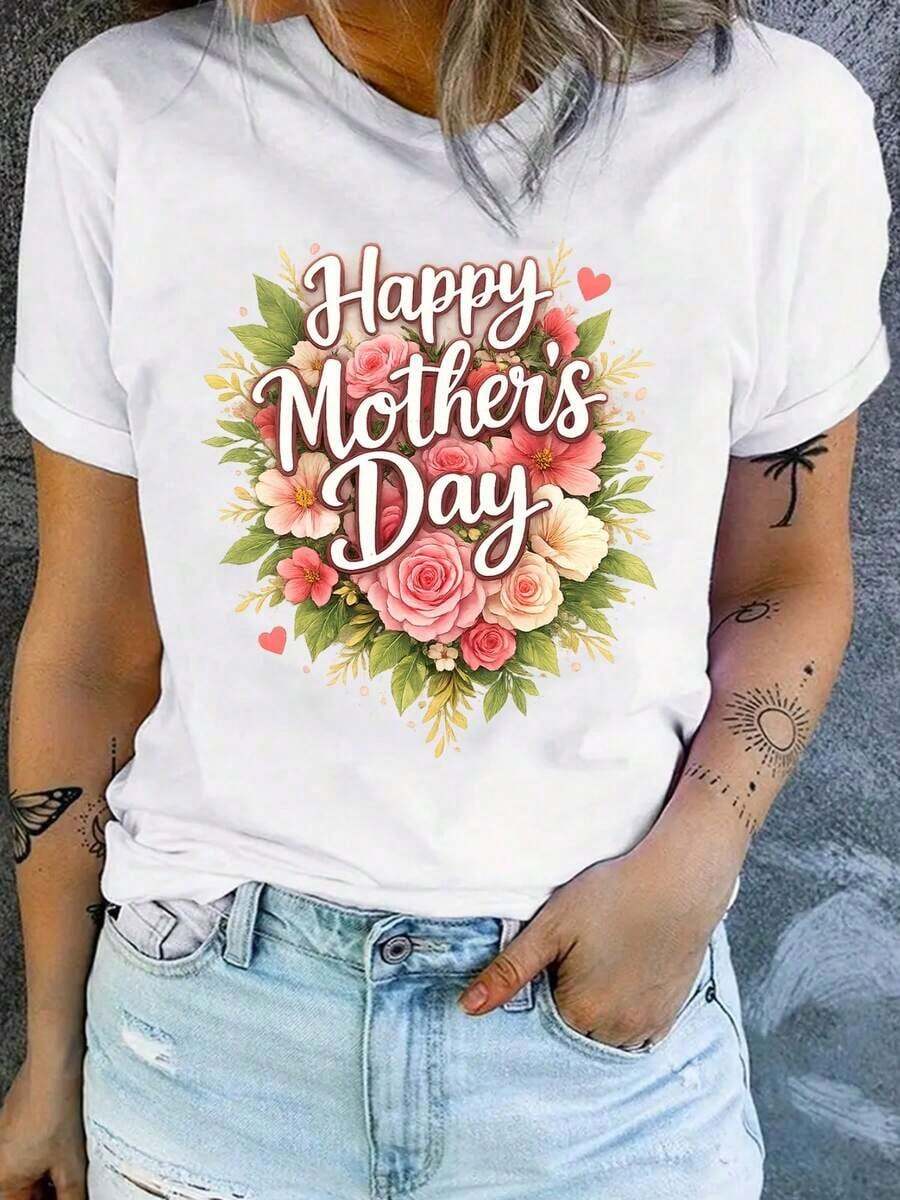 1 "Happy Mother's Day" T-Shirt | Floral Print Of Hearts In Pink And Peach Colors, Casual Short Sleeves, Round Neck, Comfortable Fit, Medium Stretch Fabric, Suitable For All Seasons, A Perfect Gift For Mom And Grandma, 180g Pure Cotton Short Sleeves, 100% Cotton. - 白色 - 查看 1