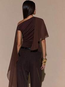 Blusa de punto con cuello anudado y hombro asimétrico, suéter elegante y ajustado, otoño/invierno - Marrón - Ver 2