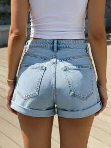 Quần short denim nữ mùa hè, kiểu dáng thường ngày, thích hợp cho các buổi đi chơi, đi làm, dự tiệc bãi biển, thoải mái và thời trang với gấu quần xắn lên, cạp chun co giãn, thích hợp cho nữ mặc mùa hè. - màu xanh nhạt - Xem 4