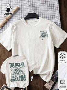 Women's Plus Size Summer Blouse, 100% Cotton, Sea Turtle Print, Short Sleeve Graphic Tee, Soft Fabric, Cotton Clothing, Outdoor Top, Printed Print, Summer T-Shirt, Summer Blouse, Vacation Outfit, Travel Style, Beach Atmosphere, Minimalist Resort Wear In White - 白色的 - 查看 1