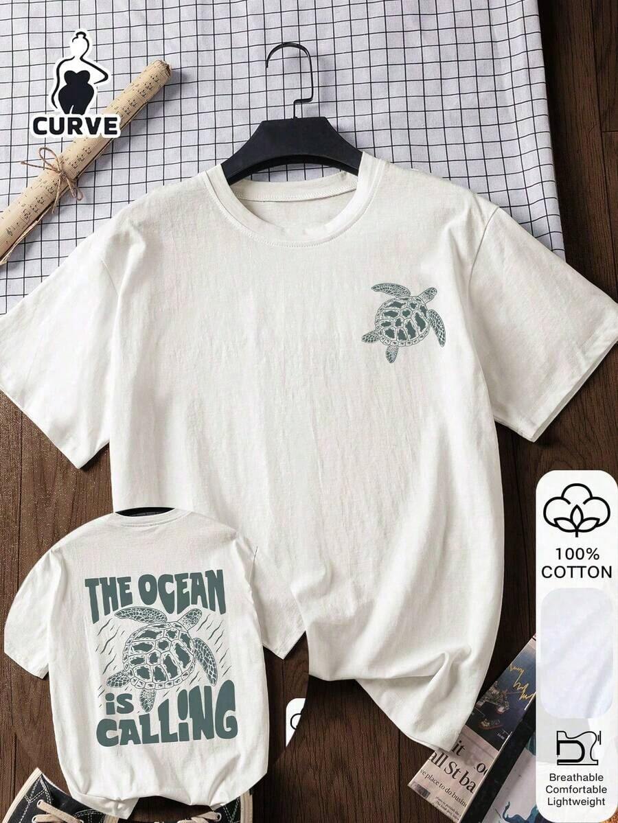 Women's Plus Size Summer Blouse, 100% Cotton, Sea Turtle Print, Short Sleeve Graphic Tee, Soft Fabric, Cotton Clothing, Outdoor Top, Printed Print, Summer T-Shirt, Summer Blouse, Vacation Outfit, Travel Style, Beach Atmosphere, Minimalist Resort Wear In White - 白色的 - 查看 1