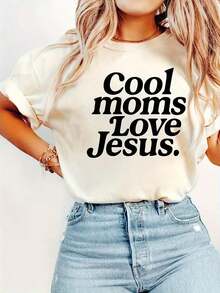 1 pieza Camiseta de manga corta con cuello redondo para mujer cristiana, con estampado 'Cool Moms Love', informal, para eventos religiosos y atuendos casuales, ropa religiosa para mamás, camiseta gráfica de manga corta con cuello redondo para mujer, para todas las estaciones, temática de Pascua, uso diario informal, conjuntos para festivales, tops de verano para mujer, conjuntos de verano, camisas, camisetas para mujer, playeras, playeras de mujer, estilo vintage, atuendo de Pascua para mujer, tops de talla grande para el Día de la Madre, 180g 100% algodón. - Negro - Ver 5