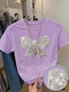 Camiseta de mujer de manga corta y cuello redondo con bordado de lentejuelas en forma de lazo, 56% algodón, estilo minimalista de moda, regalo para amigos - Púrpura malva - Ver 4