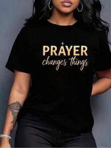 1 Piece Of Women's Clothing: Black T-Shirt With "Prayer Changes" Print, T-Shirts, White Top, Graphic T-Shirts For Women, Unisex Casual Round Neck T-Shirt, Lightweight 220 G/M² Fabric, Machine Washable, For Spring/Summer/Autumn, Christmas, Valentine's Day, Easter. - 黑色 - 查看 1
