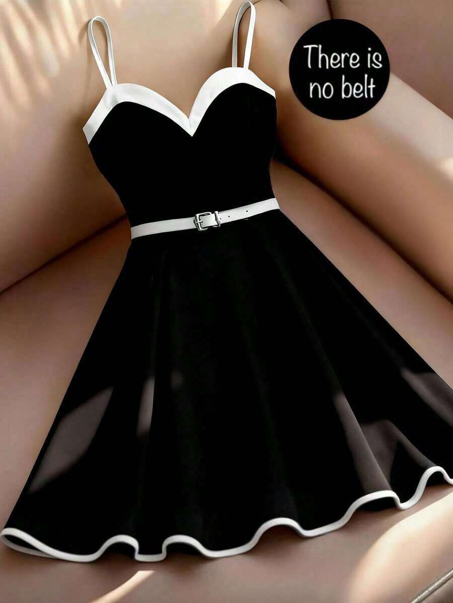 Vestido mini de línea A que estrecha la cintura, vestido de tirantes retro de color contrastante francés - Blanco y Negro - Ver 1