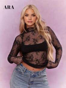 Blusa negra sexy de manga larga con encaje elástico para mujer , con cuello alto, patrón floral transparente, elegante y con capas, ideal para primavera-verano, resort y citas - Negro - Ver 3
