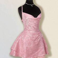 ICON Women's Elegant Blush Pink Mini Party Dress, Sleeveless With A Chic Draped Cowl Neckline And Layered Tiered Skirt. - Albaricoque - Ver 4