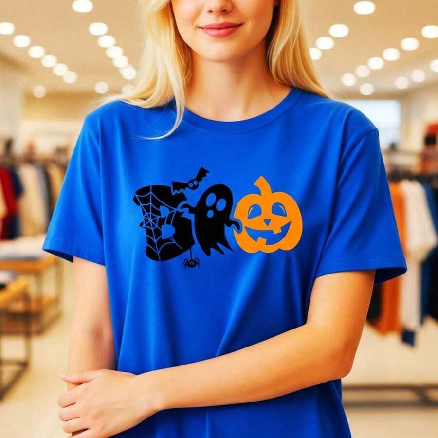 Camiseta de algodón para mujer con estampado de "Boo" de Halloween, manga corta, cuello redondo, estilo casual, con gráficos de fantasmas y calabazas, camiseta cómoda y suave para fiestas de Halloween, disponible y adecuada para primavera, verano y otoño. - Azul - Ver 1